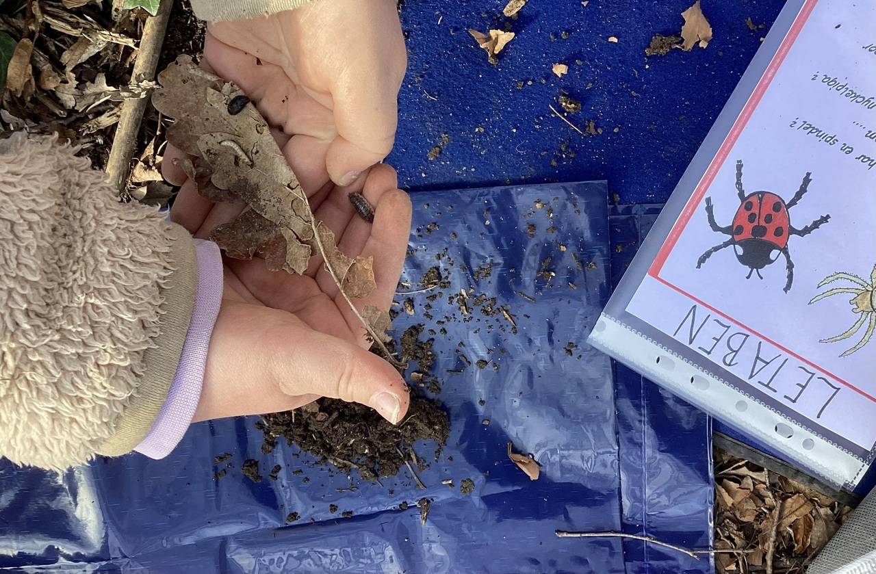 Barn letar efter insekter i jorden