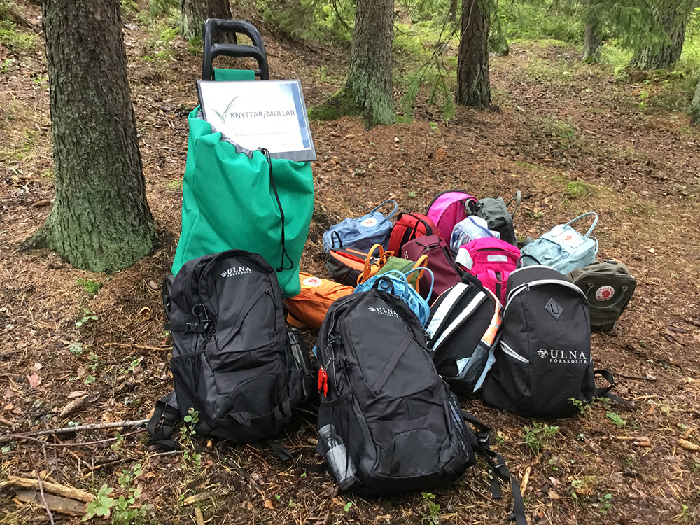 En hög med ryggsäckar liggande på marken i skogen